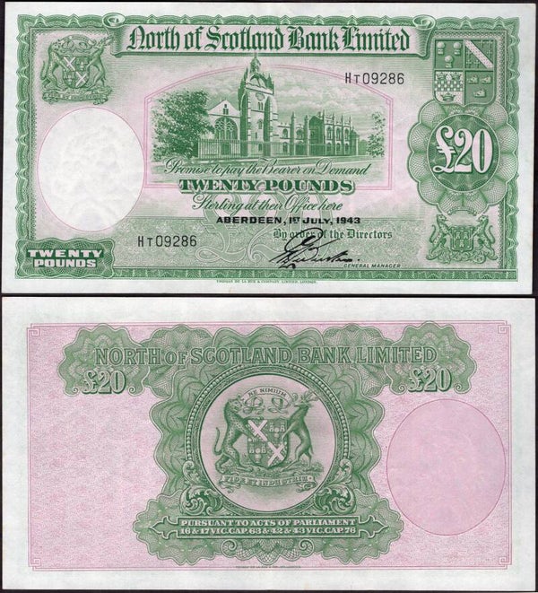 North of Scotland Bank. £20 1-7-1943 (PMS NS45b) HT09286 VF-EF.