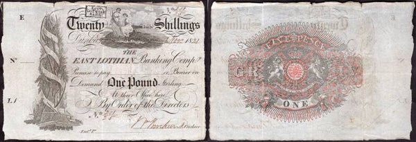The East Lothian Banking Company. 20 Shillings 1821 Borthwick signature.