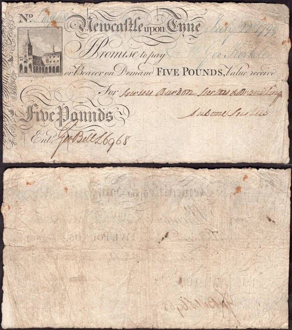 Newcastle Upon Tyne. Five Pounds July 22 1799. Good+.
