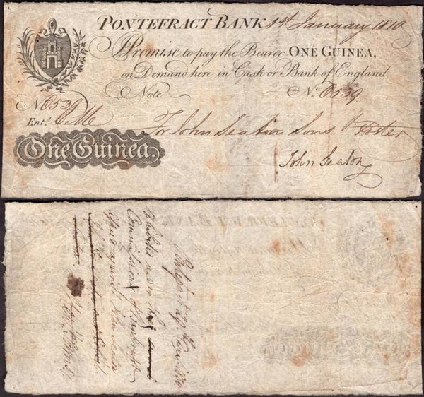 Pontefract Bank. One Guinea 1-1-1810. Nearly Fine.
