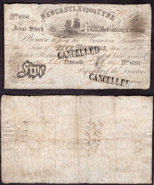 Newcastle Upon Tyne. Five Pounds Cancelled 1840, No; 6191 VG.
