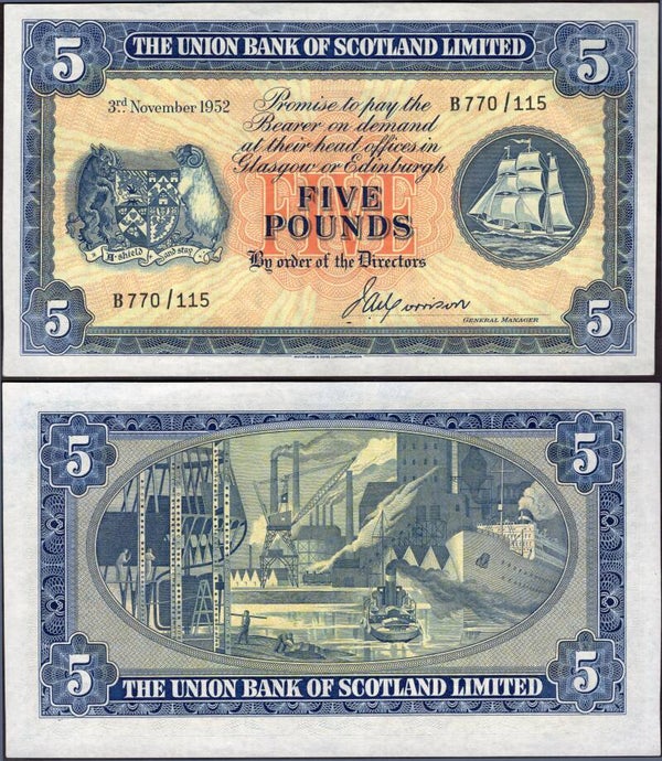 Union Bank of Scotland. Five Pounds 3-11-1952 (BYB; SC913a) B770/115. NEF.