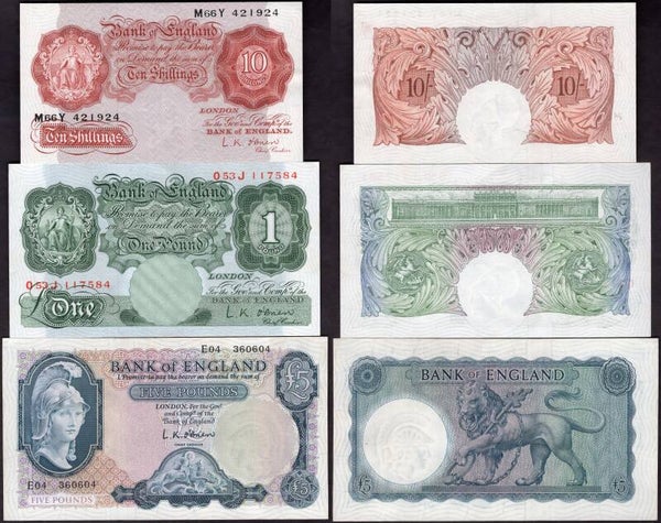 Bank of England. O'Brien 10/-, One Pound & Five Pounds (1950s) Details Below.