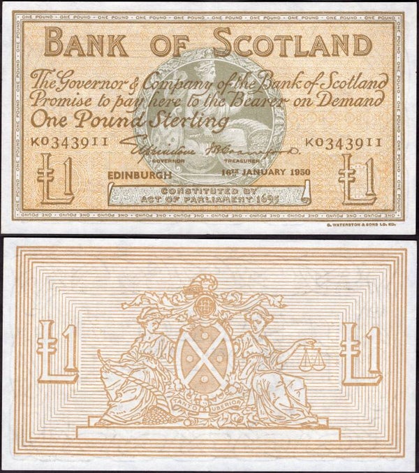 Bank of Scotland. £1 16-1-1950 (PMS; 98b). K0343911 VF-EF. dy24574