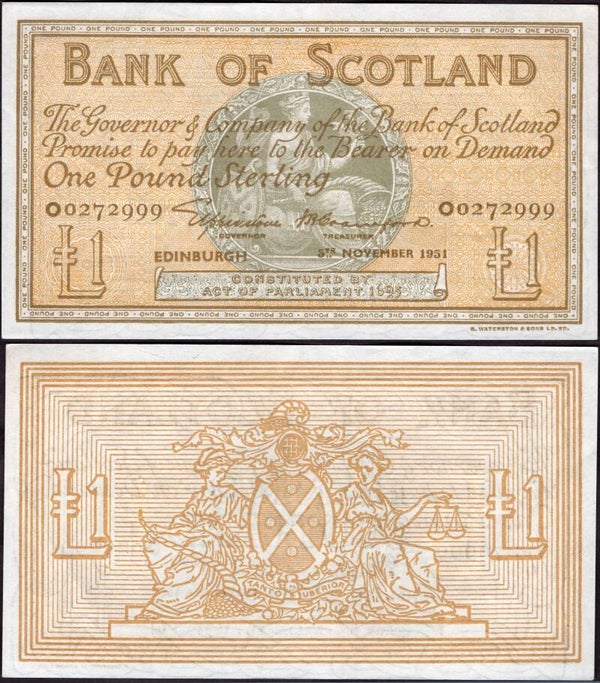 Bank of Scotland. One Pound. 5-11-1951 (PMS; BA98b) O0272999 VF-EF.  dy24575