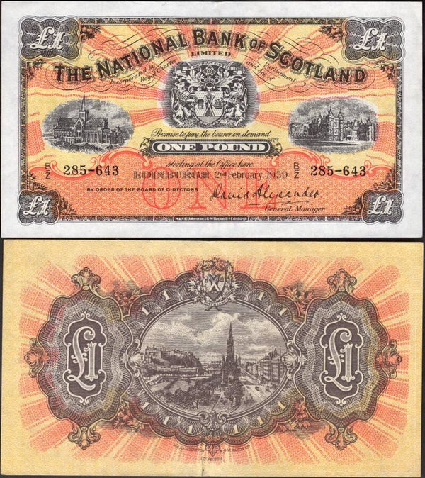 National Bank of Scotland. One Pound 2-2-1959 (BYB; SC503e) B/Z 285-643 VF-EF.