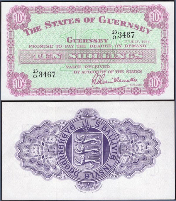 Guernsey. Ten Shillings 1-7-1966 (BYB; GU32b) 23/O 3467. EF.
