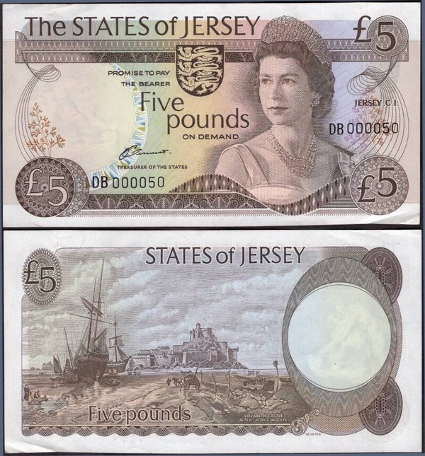 Jersey. £5 Clennet sig (1976) (BYB JE22a). Very Low Number DB000050 NEF.