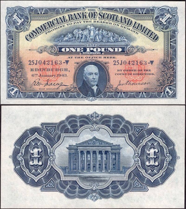 Commercial Bank of Scotland. One Pound 6-1-1943 (BYB; SC404d) 042163 Crisp VF.