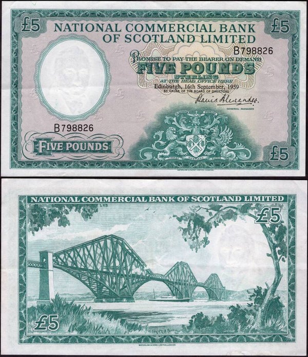 National Commercial Bank. Five Pounds 16-9-1959 (BYB; SC611) B798826 Solid VF.