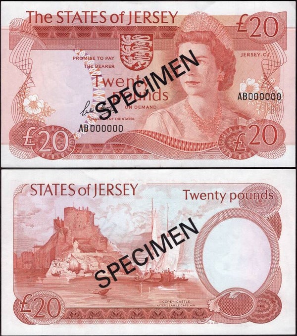 Jersey. £20 Specimen May sig (1981) (BYB; JE41b type) AB000000 EF.
