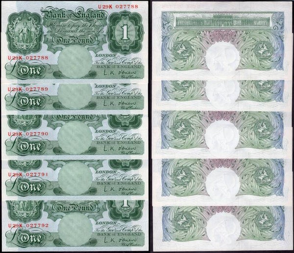 O'Brien. 5 x £1 consecutive lot (1955) (BYB; BE56f) U29K 027788-027792. NEF.