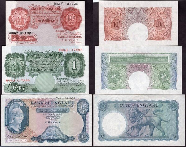 Bank of England. O'Brien 10/-, One Pound & Five Pounds (1950s) Details Below.