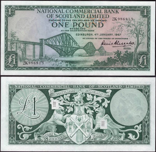 National Commercial Bank. £1 4-1-1967 (BYB SC602b) 2K 986813 VF-EF.