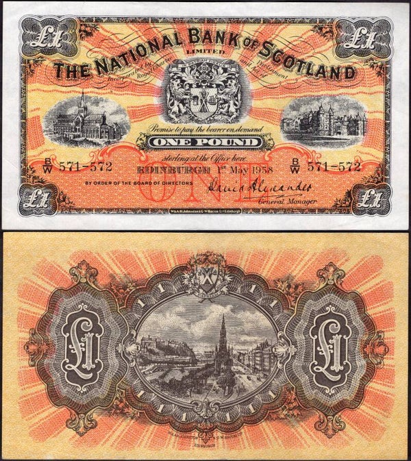 National Bank of Scotland. £1 1-5-1958 (BYB SC503e) B/W 571-572. Crisp VF.