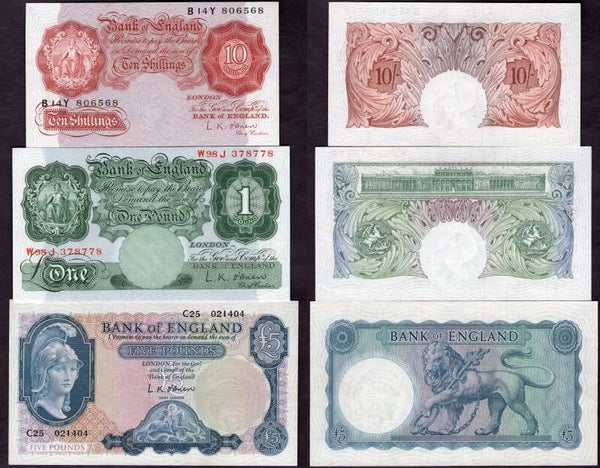 Bank of England. O'Brien 10/-, One Pound & Five Pounds (1950s) Details Below.