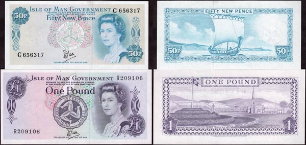 Isle of Man. Dawson Sig. 50p & £1 (1979) (BYB; IM24 & IM35a) both GEF.