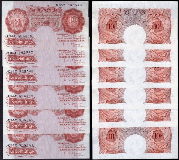 O'Brien. 6 x 10 Shillings Consecutive X95Y 565546-565551 (1955) (BYB BE31f). VF.