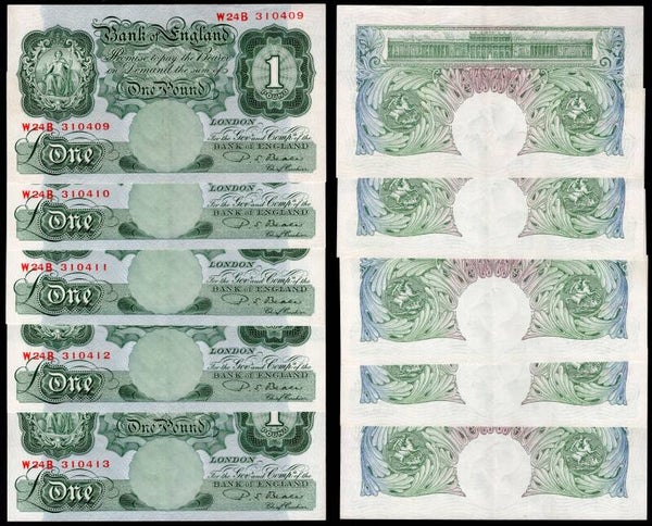 Beale. 5 x £1 (1950) (BYB; BE54c) Consecutive W24B 310409-310413. NEF.  dy24609