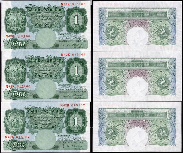O'Brien 3 x £1 consecutive (1955) (BYB; BE56f) N42K 615165-615167. GEF.