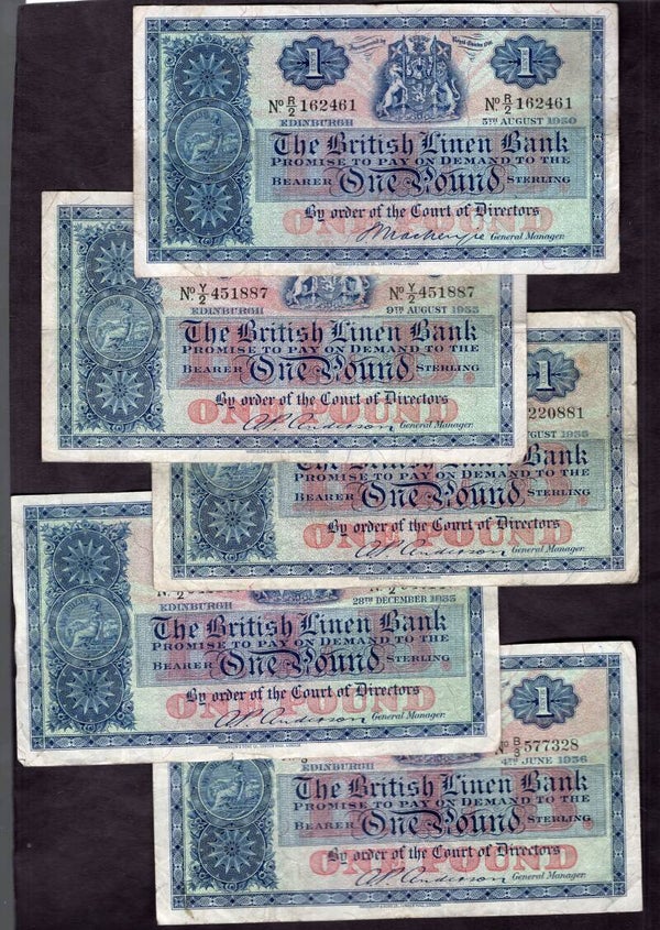 Scotland. British Linen Bank. 5 x £1.   Good Value Lot.  dy24636