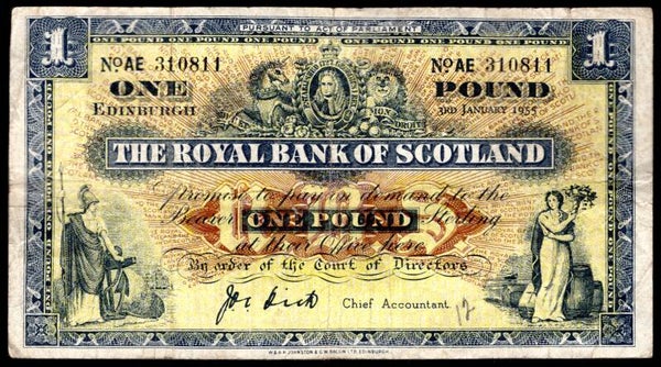 Scotland, Royal Bank, £1, Dick signature, 3-1-1955, AE 310811. VG.