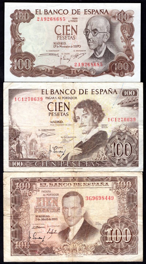Spain, Banco de Espana, 3 x 100 Pesetas, 1953, 1965 & 1970.              EB10419