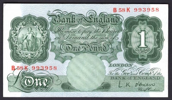 Bank of England, O'Brien, £1 (1955), B58K 993958 (Dug B273). Crisp VF.