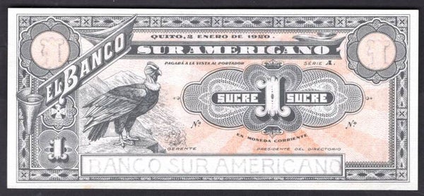Ecuador, El Banco Sur Americano, 1 Sucre, remainder, 2-1-1920. AU+.