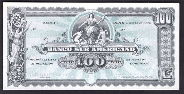 Ecuador, El Banco Sur Americano, 100 Sucres, remainder, 2-1-1920.AU.