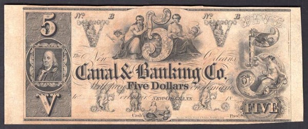 USA, Canal & Banking Co, New Orleans, $5 remainder (1840s) (Haxby G10). AU-UNC.