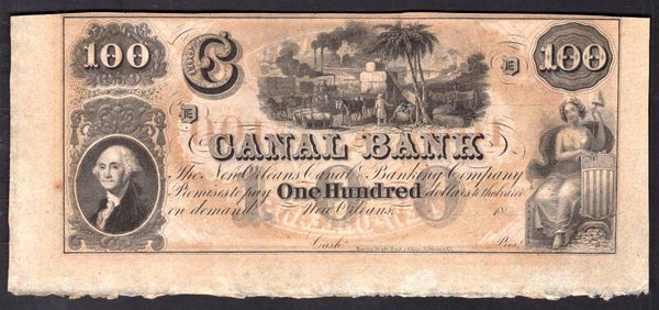 USA, Canal & Banking, New Orleans, $100 remainder (1850s) (Haxby G60a). AU-UNC.