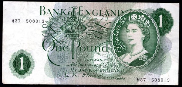 Bank of England, O'Brien, £1 (1960), rep, M37 508013 (BYB BE60b). GF.