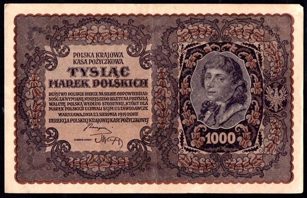Poland, 1,000 Marek, 1919, Nr 896286 (WPM 29). Crisp GVF.