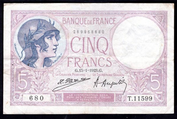France, 5 Francs, 15-1-1923, 289968680. Crisp GF.