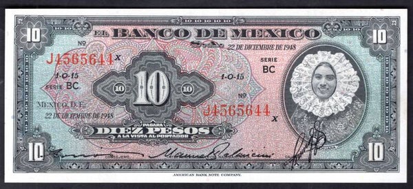 Mexico; 10 Pesos. series BC J4565644. 22-12-1948 (WPM 47c) NEF.