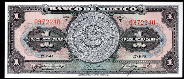 Mexico, 1 Peso, 17-1-45, 0372240 (WPM 38c). AU.