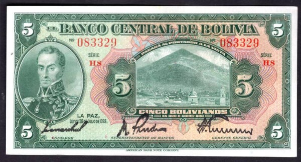 Bolivia, 5 Bolivianos, 20-7-1928, H8 083329. GEF.