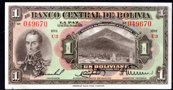 Bolivia, 1 Boliviano, 20-7-1928. U3 049670. EF.