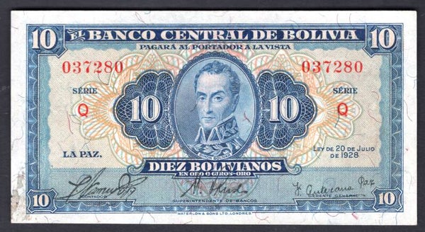 Bolivia, 10 Bolivianos, 20-7-1928. Q 037280. VF-EF.