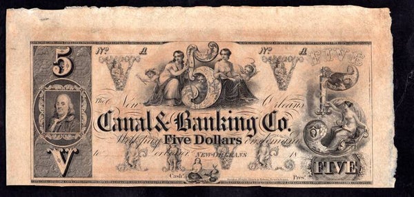 USA, Canal & Banking Co, New Orleans, $5 remainder (1840s) (Haxby G10). AU-UNC.