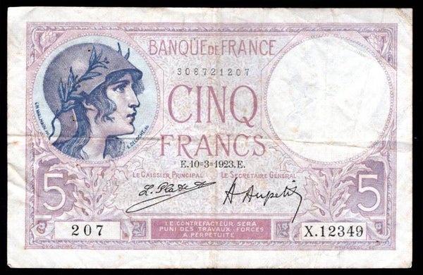 France, 5 Francs, 10-3-1923, 308721207. Crisp Fine.