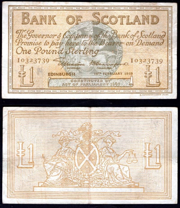 Bank of Scotland. £1 Feb 1949 F-VF.  MV11721