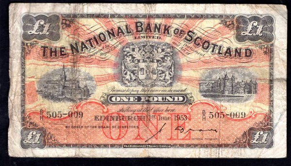 Scotland, National Bank, £1, Brown sig, 1-6-1953, B/H 505-009. VG.