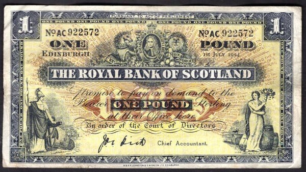 Scotland, Royal Bank, £1, Dick signature, 1-7-1954, AC 922572. GF . MV11824