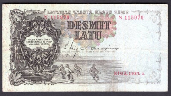 Latvia, State Treasury Note, 10 latu, 1937, N 115970 (WPM 29a). F-VF.