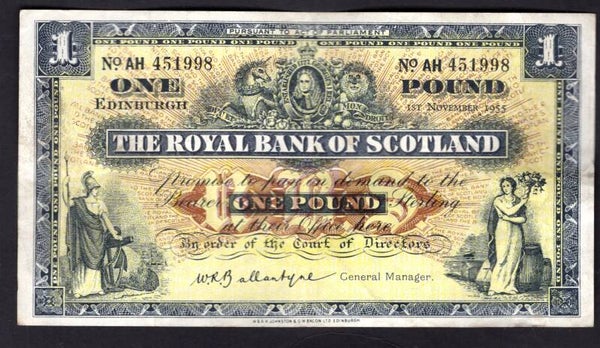 Scotland, Royal Bank, £1, 1-11-1955, AH 451998. Crisp F-VF.