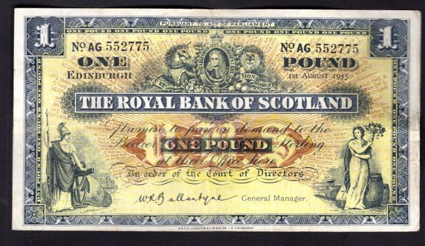 Scotland, Royal Bank, £1, 1-8-1955, AG 552775. Crisp F-VF.