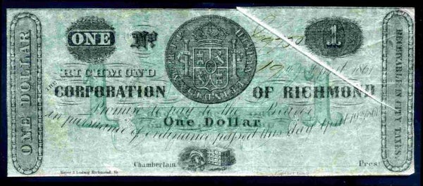 USA, Corporation of Richmond, $1, 1861 #9950?. Fold Error. GF.