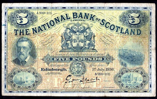 Scotland, National Bank, £5, 1-7-1936, A999-105 (PMS NA52). Fine. v5893